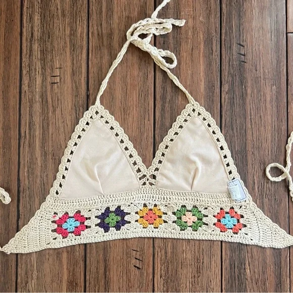 WoWo Crochet Knit Bralette Halter Granny Square Festival Tank Bra Large Top - Picture 5 of 8